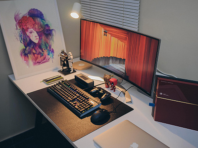 Workspace 2017 apple design desk gaming ikea macbook moleskine notes poster rig ultrawide workstation