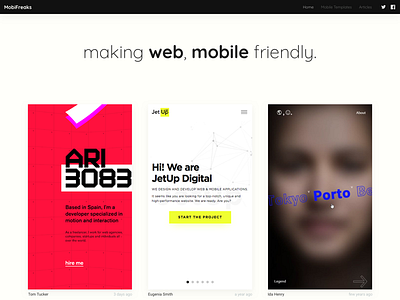 Mobifreaks Redesign dark header gallery mobile template website