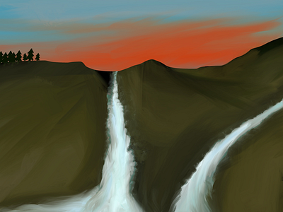 Final: Waterfalls post sunset art evening illustration lovely mountains procreate sky trees waterfalls