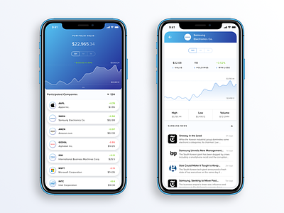 Fintech App Concept for stock prices app blue chart data fintech iphone new app news portfolio price stocks tickers white