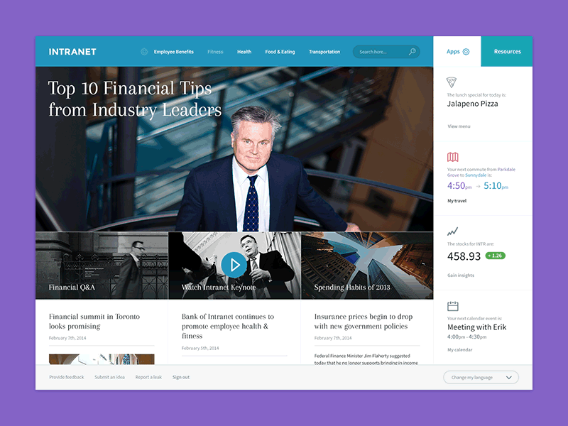 Intranet apps corporate enterprise finance gif interface intranet myplanet news ui user video
