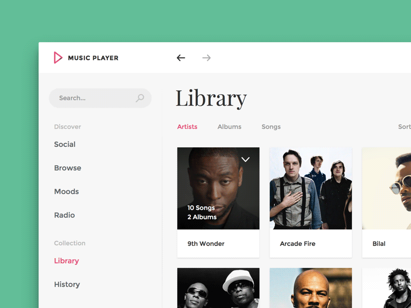 Music App (Snippet) app artist dark desktop library light music player songs theme tile ui