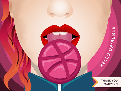 Hello Dribbblicious candy delicious dribbble first hello illustration lollipop new newcomer pink woman