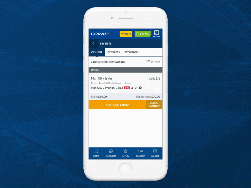 Coral Sports – Partial Cashout after affects animation betting interaction mobile motion slider sports ui ui animation web
