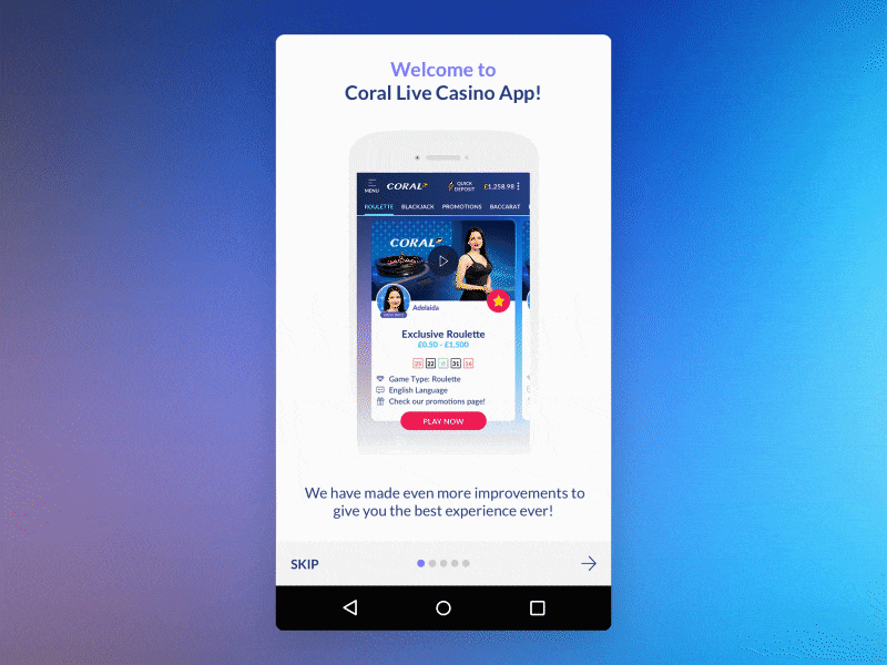 Coral Live Casino – Android Onboarding after affects android animation app betting flow gaming interaction motion onboarding ui