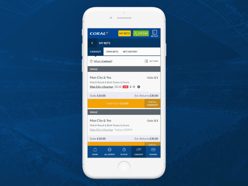 Coral Sports – Cashout Live Scoring after effects animation betting design interaction mobile motion sports ui web