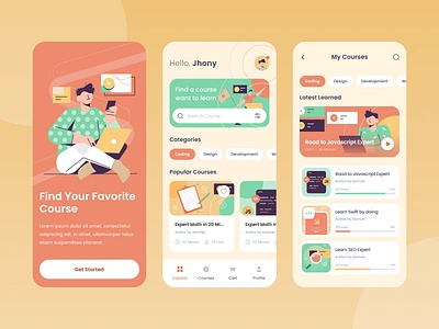 Online Course Mobile App Exploration course design flat design fun illustration learn mobile online course online course app ui yellow