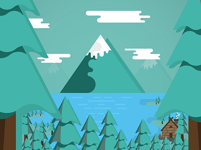 Woods cabin debut forest graphic design illustration illustrator lake landscape mountain nature trees vector