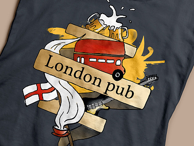 London Pub T-shirt beer bus coffee flag guitar illustration london novi pub sad tshirt
