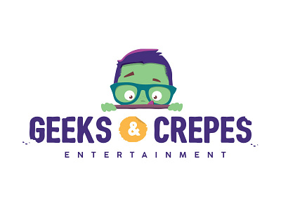 Geeks And Crepes Logo design boy branding cool crepes design games geek green illustration logo pancake purple