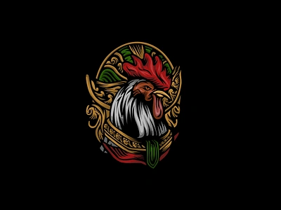 Rooster King Mascot Logo 2022 batik branding cartoon chicken culture design drawing esport fighter gold graphic design illustration king logo myth ornament rooster ui vector