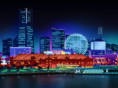 Yokohama by Night illustration night print vector