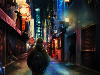 Night walk city concept art cyberpunk illustration lights street