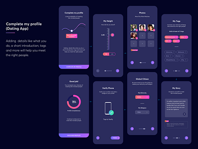 Profile Completeness Dark Theme (Dating App) android clean color colorful dark theme dating dating app design elegant icon illustration ios mobile app mobile design profile sketch sketch app ui ux vector