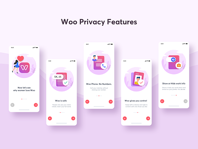 Woo (Dating App) Privacy Features for women clean color dating elegant illustration mobile design sketch typography ui vector