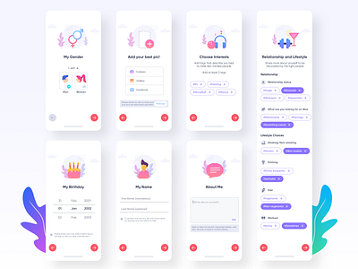 Onboarding for a dating app (Woo) clean color dating elegant iconography illustration mobile design sketch typography ui ux vector