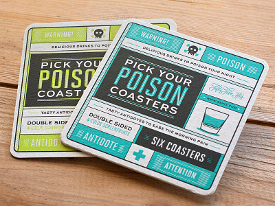 Pick Your Poison Coasters antidote coasters drinks icons liquor mixes poison screenprint shots type typography warning