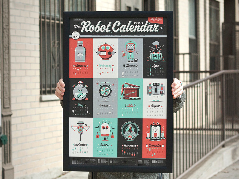 2013 Robot Calendar robot calendar months print screen print limited edition god damn robot turkey