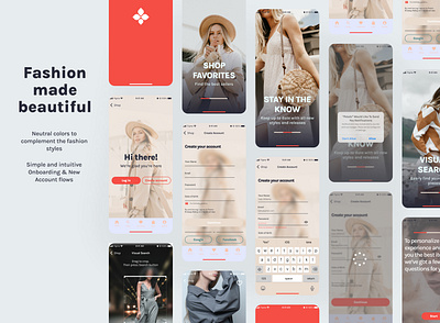 Fashion app | Mobile design e commerce fashion glassmorphism ios mobile app neutral new account flow onboarding pink product design ui visual search