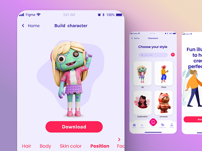 Character builder | e-commerce 3d app design characters design e commerce figma illustration ios mobile app pink product design ui design zombie