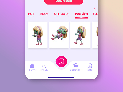 Character builder | e-commerce 3d character app design components e commerce figma illustration ios mobile app pink product design profile tab bar ui design zombie