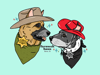 A Fluffy Sheriff and Her Deputy akita branding cowboy cowboy hat deputy design dog art german shepherd graphic illustration mix breed pit bull procreate red hat sheriff thank you label