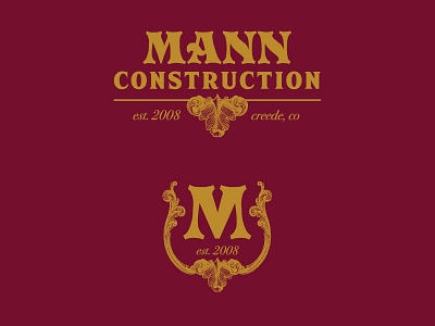 Mann Construction branding carpentry classic construction flourish gold initial logo maroon monogram victorian vintage