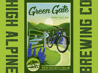 Green Gate IPA backcountry beer brewery can illustration ipa label mountain biking mountains texture trails trees