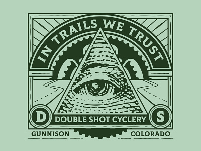 In Trails We Trust bike gear coffee shop dollar bill eye illuminati money mountain bike single track trails