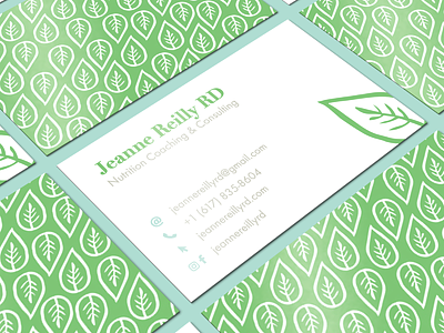 Jeanne Reilly, RD Business Card Design brand branding business card consulting fresh green leaf logo nutrition pattern
