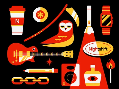 Nightshift bottle branding chain coffee eye flashlight guitar illustration match owl pencil print scythe speaker typography watch