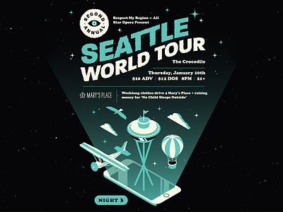 Seattle World Tour: Night 3 3d grain illustration illustrator iphone isometric lettering logo pantone seattle texture typography vector
