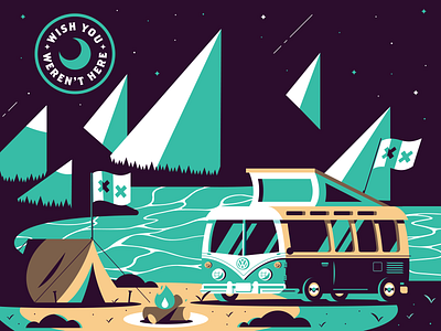 Wish You Weren't Here! camp campfire design illustration illustrator mountain tent texture type typography van vector volkswagen
