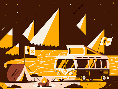 Volks Variant branding camp campfire design fire illustration illustrator mountains tent trees van vector