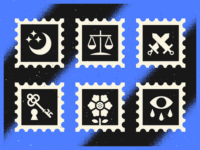 Some Stamps branding design eye flower grain illustration illustrator key moon scale stars swords texture vector