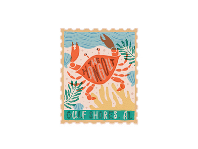The Hangout Stamp beach coral crab design gulf shores hang loose illustration sand sea sea weed shells texture the hangout type typography