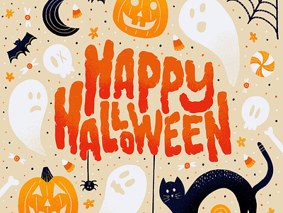 Happy Halloween! bat black cat candy ghost ghoul halloween hand drawn type happy halloween illustration orange pattern pumpkin spider web texture typography