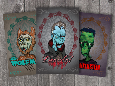 Wolf, Drac, Frank. art cartoon dracula draw frankenstein halloween illustration monster portrait poster typography wolfman