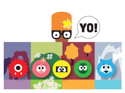 Yo Gabba Gabba revisited blue bold bright cartoon character dj lance flowers glasses green orange pink red robot white space word bubble yellow yo yo gabba gabba