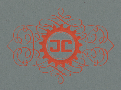 Fancy Gear Monogram branding business card french paper gray gear jc letterpress logo monogram orange paper print swirl