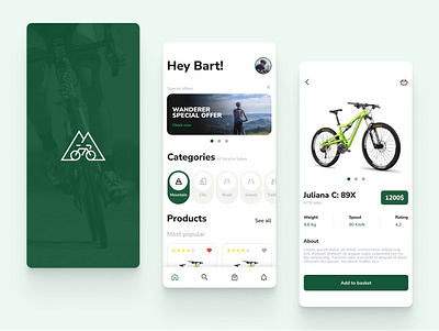 Mobile App: Cycling shop concept app branding colors cycling design equipment graphic design green illustration logo minimal mobile mobileapp ui ux vector web webdesign