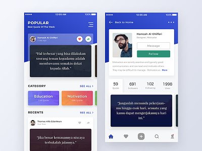 Quote App Design blue gradient card slide hover clean modern iphone color button profile home category mobile ios android quote motivation daily shadow light photo ui ux user interface experience