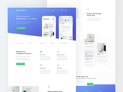 Inspiration Room App - Landing Page 2018 card concept download features gradient blue homepage iphone x mockup mobile web website
