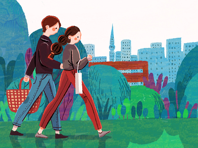 Coming home city couple illustration park