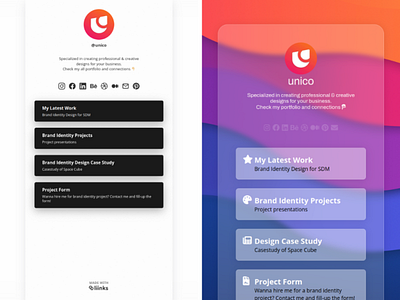 Custom landing page for Unico branding design glass glassmorphism glassy html landing page link in bio platform ui redesign remake remaster remix renew ui ui design ux website