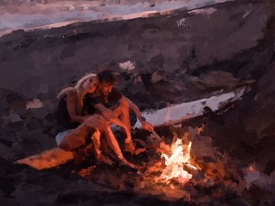 Kindle acrylic beach camp campfire cuddle digital fire kindle love ocean oil painting summer sunset surf waves