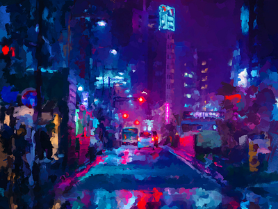 Rainy Streets acrylic art bustle busy city digital drive night nightlife oil rainy streets traffic