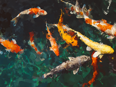 Koi acrylic colorful digital fish garden koi oil orange painting peace pond summer swim tranquil water yellow