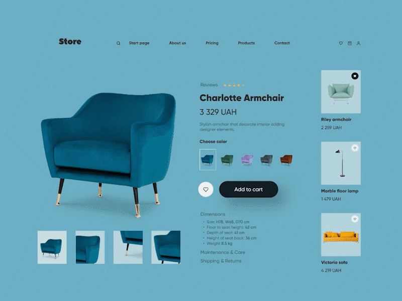 Product Page - Armchair animation armchair clean color color animation. concept design desktop ecommerce furniture motion product product page shop store ui web webdesign
