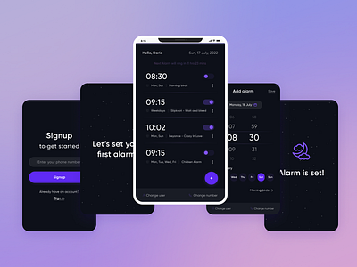 Alarm App Concept alarm alarm clock app clean clock concept dark design figma interface mobile ui ux violet